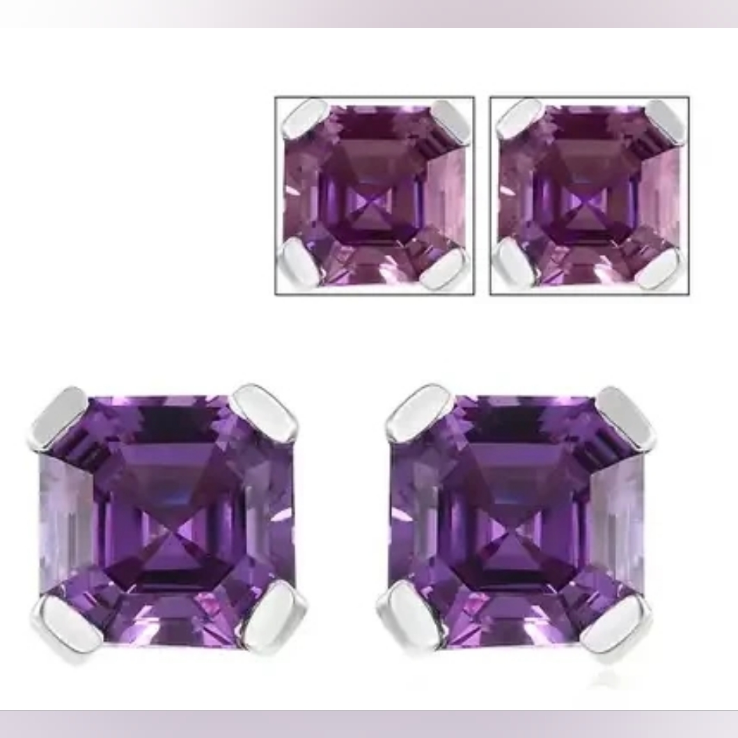Asscher Cut Lab Grown Color Change Sapphire Stud Earrings Platinum Over Sterling